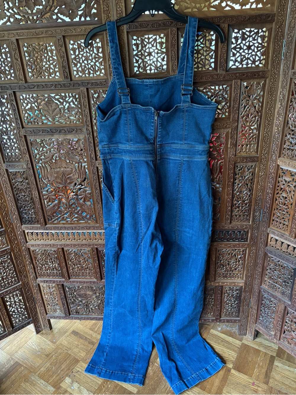 eva mendes for New York & Company dark blue denim overalls